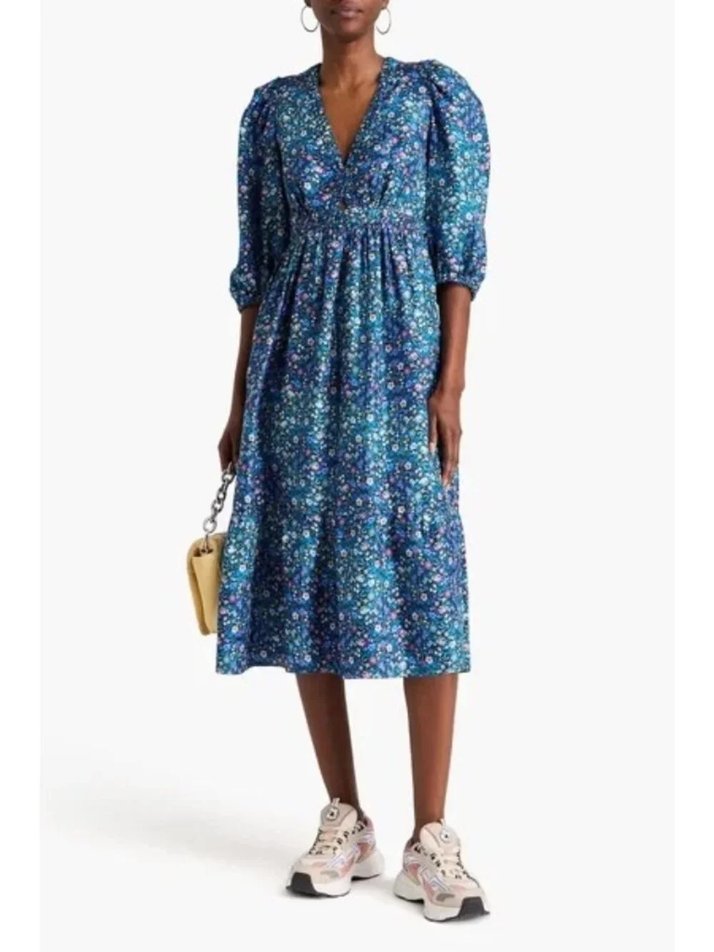 J. Crew Dress Size Large Blue Maxi Floral Print 100% Cotton Smocked Puff Sleeve